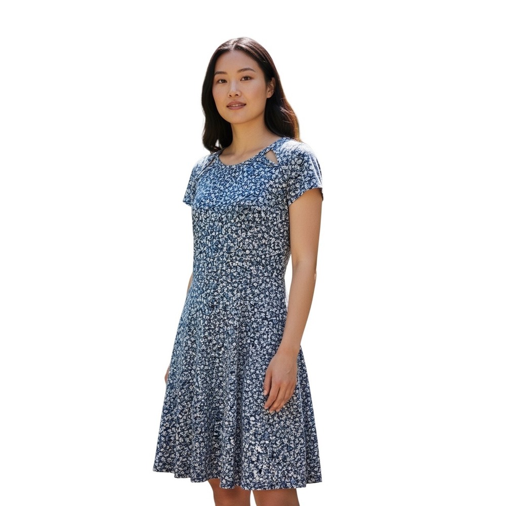 MICHAEL Michael Kors Blue/White Floral Cutout Fit & Flare Short Sleeve Dress - Picture 1 of 8